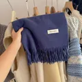 Close-up detail of a soft blue knitted winter scarf with fringe tassels and white tag - Mint Green
