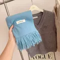 Soft Korean style blue knitted winter scarf with tassels and decorative woven label - Macaron Blue
