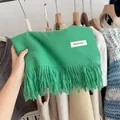 Close-up of a soft green knitted winter scarf featuring tassels and a minimalist label. - 194cm / BT Green