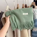 Close-up of a soft mint green knitted scarf with fringe and a minimal white label. - 194cm / Forest Green