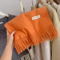 Close-up of a soft orange knitted scarf featuring long fringes and a minimalist brand label - 194cm / Orange