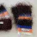 Cozy mohair style fuzzy knit mittens with vibrant multi-color stripes for winter - White Edge Coffee Gloves
