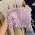 Soft lilac knitted scarf with long fringes and minimalist woven label detail - Heather Purple / 194cm