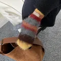 Stylish multi-colored striped mohair mittens with cozy fuzzy knit texture for winter - Yellow Edge Gray Gloves