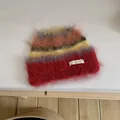 Soft fuzzy striped knit beanie hat in colorful Korean style for cozy winter warmth - Red Stripe Hat Style