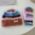 Colorful fuzzy knit beanie and mittens set with striped pattern for winter - Blue Edge Pink Hat + Gloves Set