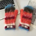 Cozy fuzzy striped knit mittens with colorful Mohair-style texture for winter warmth - Blue Edge Orange Gloves