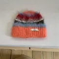 Soft fuzzy multi-color striped mohair beanie with decorative tag for autumn and winter - Orange Red Blue Striped Hat