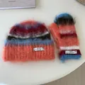 Vibrant multicolor fuzzy mohair knit beanie hat and mitten set for cozy winter warmth - Blue Edge Orange Hat + Gloves Set