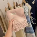 Solid light pink warm winter knit scarf with soft fringes and minimalist white label - Sakura Pink / 194cm