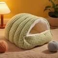 Gemütliches grün-weiß kariertes Katzenhöhle-Bett mit warmem Plüschfutter für Haustiere - S / Grünes Gitterbett / Grün