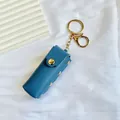 Étui à rouge à lèvres portable en cuir bleu avec porte-clés doré pour sac à main - Pochette pour Rouge à Lèvres / Bleu