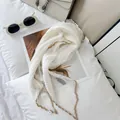 Elegant white pleated silk scarf with beige contrast wavy trim detail macro view - 60CM / White