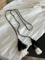 Bohemian black and white braided cotton belt with decorative tassels for dresses - Knit Tassel Style / Black