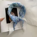 Blue paisley print breathable cotton blend headscarf hair ribbon for women SKU display - 58x58cm / Blue Paisley