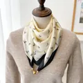 Elegant cream silk square scarf with black horse print and magnetic gold buckle closure. - Pony Head Print / 70cm Square With Magnetic Clasp / Off White