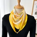 Elegant yellow floral silk scarf featuring a unique magnetic gold clasp for women - Iris Print (Magnetic Buckle) / 70*70cm / Goose Yellow