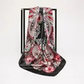 Detail view of an elegant satin paisley square scarf with vibrant red and black patterns - 90cm Pack / Black & Red Paisley (90SD-7#)
