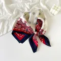 Elegant navy blue paisley pattern silk scarf with red border for hair and neck - Twin Paisley - Elegant Red & Beige