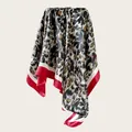 Detailed view of the elegant draping and vibrant leopard print on satin silk square scarf. - 90cm Pack / Leopard Print with Red & White Border (90SD-14#)