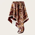 Close-up detail of a brown leopard print satin silk square scarf with a glossy finish - 90cm Pack / Abstract Leopard Brown & White (90SD-15#)