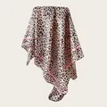 Detailed view of a satin faux silk leopard print square scarf with pink border accents. - 90cm Pack / Leopard Print with Pink Border (90SD-16#)