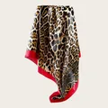 Detailed view of an elegant leopard print satin square scarf with a vibrant red border - 90cm Pack / Red Border Leopard (90SD-21#)