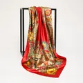 Red silk-like satin square scarf with elegant yellow paisley floral print pattern - 90cm Pack / Red Paisley (90SD-2#)