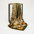 Olive green paisley print satin square scarf draped over a frame - 90cm Pack / Olive Green Paisley (90SD-4#)
