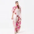 Caftano lungo da spiaggia in finta seta con stampe floreali e foulard coordinato - Toga / Rosa