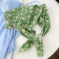 Detail of green floral print 100% cotton square scarf with delicate lace trim - Beige Crochet Edge Scarf / Green Flower