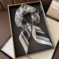 Elegant black and white landscape pattern silk square scarf with striped edges - 70x70cm / Ink Landscape