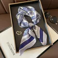Elegant blue and white paisley silk square scarf for women in a premium satin finish - 70x70cm / Dense Paisley
