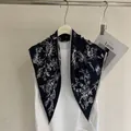 Navy blue floral silk triangle scarf with white striped edges for minimalist elegant look - 132cm / Black Peony
