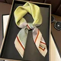 Elegant old money style striped small square silk scarf in green and brown tones - 70x70cm / Mixed Lines