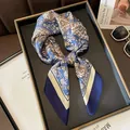 Elegant vintage paisley print silk square scarf for women in navy blue and brown tones - 70x70cm / Navy Paisley