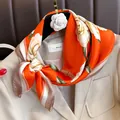 Elegant orange silk square scarf with delicate white floral print and striped border - Orange Striped Scarf / Orange (Camellia Stripe Print)