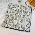 Elegant black floral print 100% cotton square scarf featuring a delicate lace edge trim - Black Crochet Edge Scarf / Beige Gypsophila
