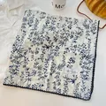 Floral printed 100% cotton square neck scarf with black lace trim - Black Crochet Edge Scarf / White Blue Botanical