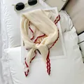 Lightweight cream pleated scarf with red contrast wavy trim - 60CM / Apricot Beige