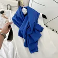 Solid blue pleated cotton blend long scarf with straight edge stitching for women - Sky Blue