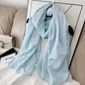 Elegant light blue crinkled cotton blend long scarf with straight edge overlock - Light Blue