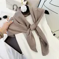 Elegant taupe wrinkled cotton-feel square scarf for women shown tied on a white top - 90cm / Khaki