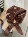 58cm cotton linen square scarf with paisley pattern in brown finish - Leaf Frame Paisley / Brown