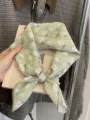 Light green cotton linen square scarf with white floral pattern, 58cm thin neckerchief - Six-Petal Flower / Green