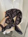Elegant 58cm cotton linen square scarf with geometric pattern, styled as a hair band. - Ten Grids Dot Flower / Black