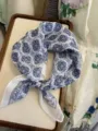 Elegant blue and white geometric pattern cotton linen square scarf for women neckerchief - Ten Grids Dot Flower / White