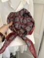 Elegant 58cm wine red cotton linen square scarf with geometric cashew flower pattern - Ten Grids Dot Flower / Elegant Red