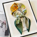 Elegant floral silk square scarf with yellow and green flower patterns on art background - Spring Floral Scarf / Colorful Small Flower Print
