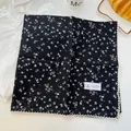 Elegant black 100% cotton square neck scarf with white floral print and lace edge - White Crochet Edge Scarf / Black Small Flower